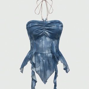 Kadın- Halter Yaka Mavi Püsküllü Crop